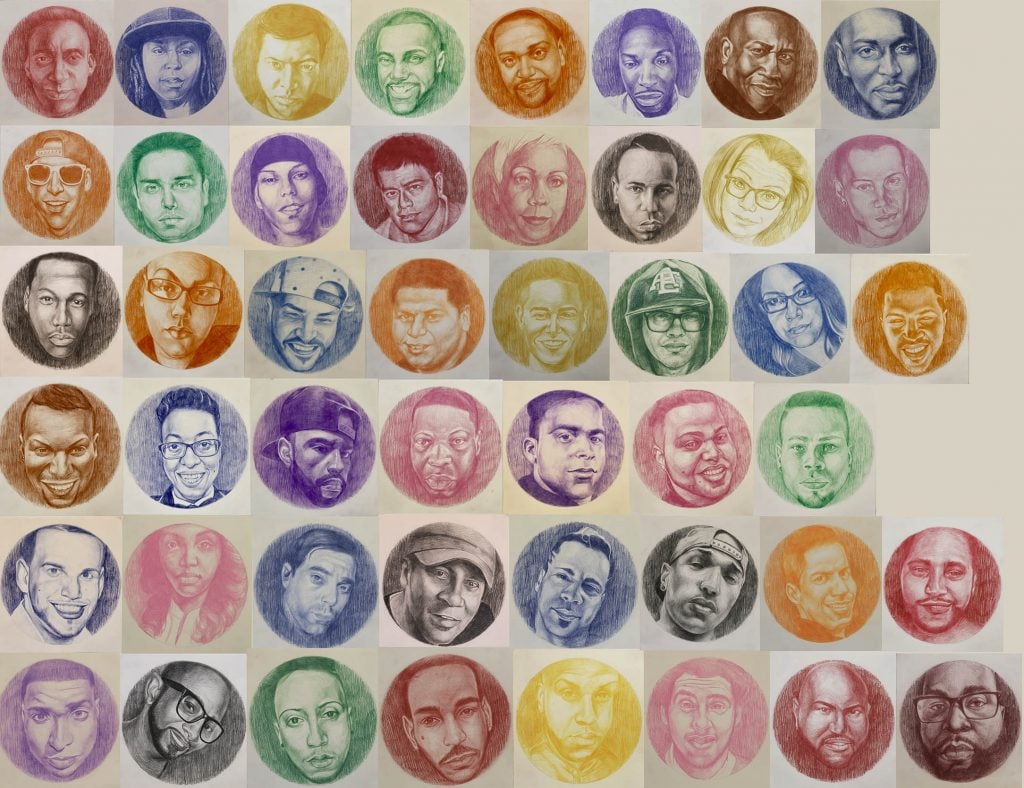 a grid of rainbow colored circular portraits of the victims of the pulse massacre 