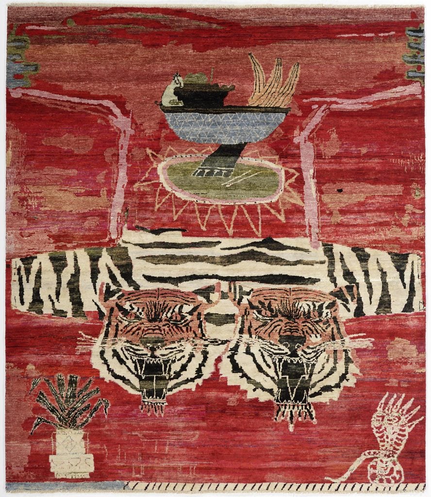 A red rug of two tigers