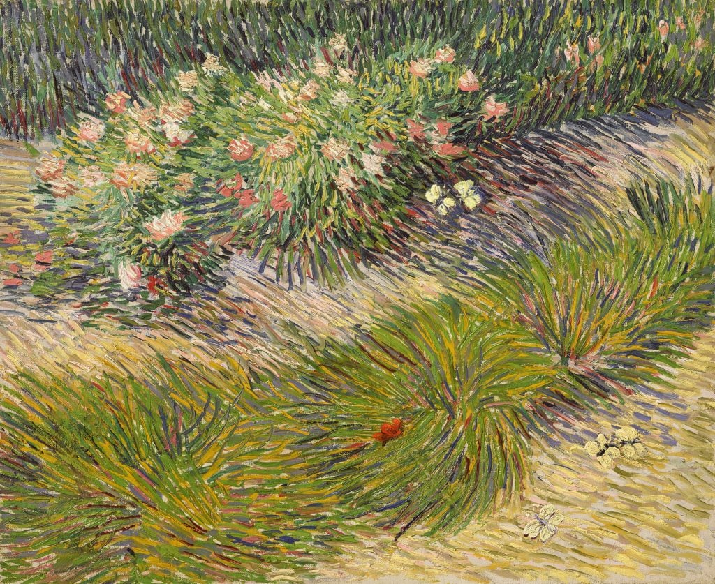 painting by van gogh of flowers and grass in a garden