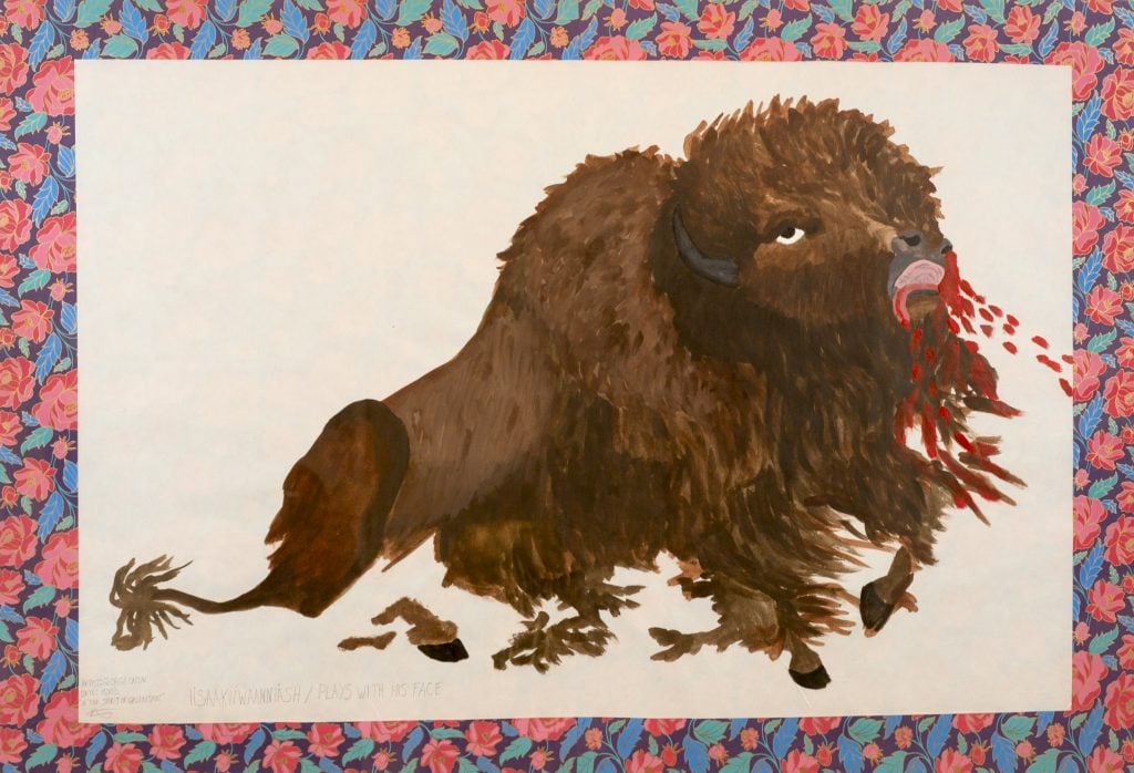 a painting of a wounded bison