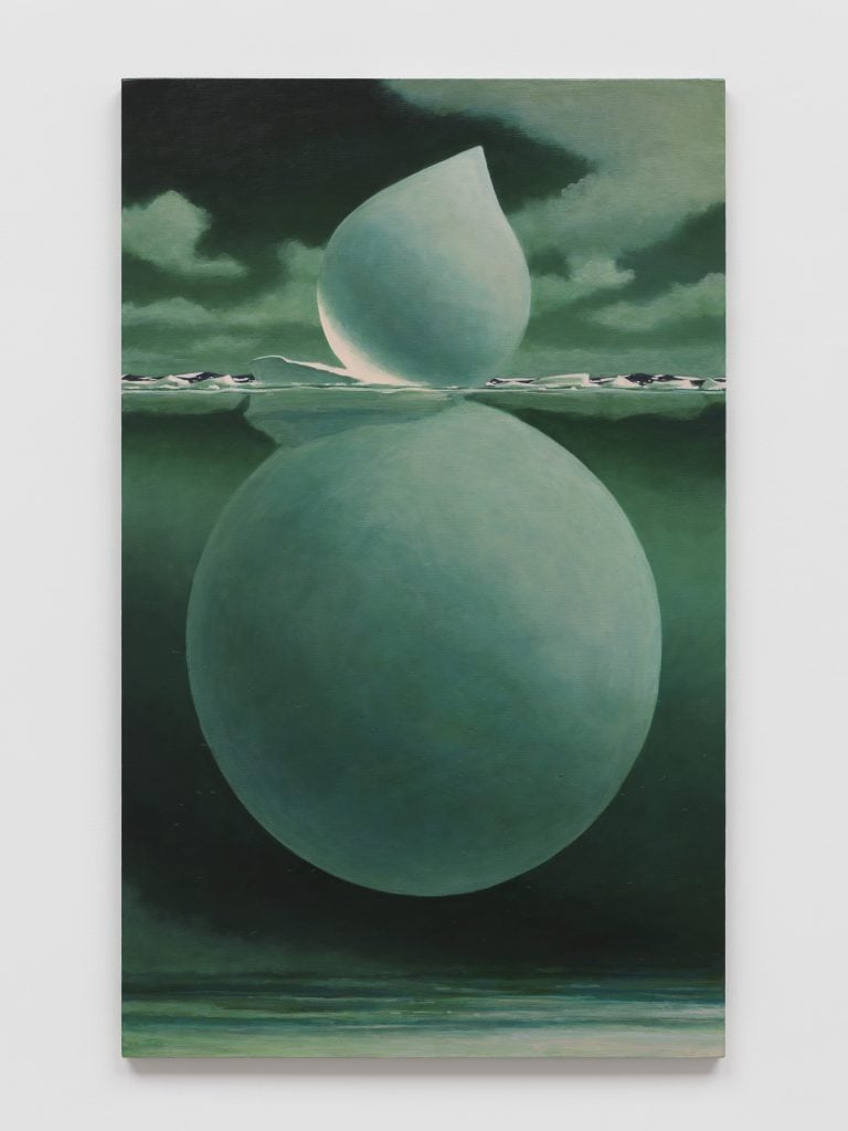 a green and blue painting of spheres