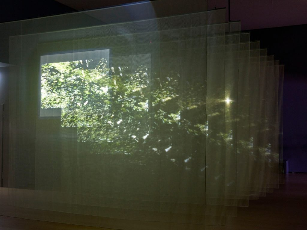 an installation showing a video work refracted over several gauzy sheets of semi transparent fabric