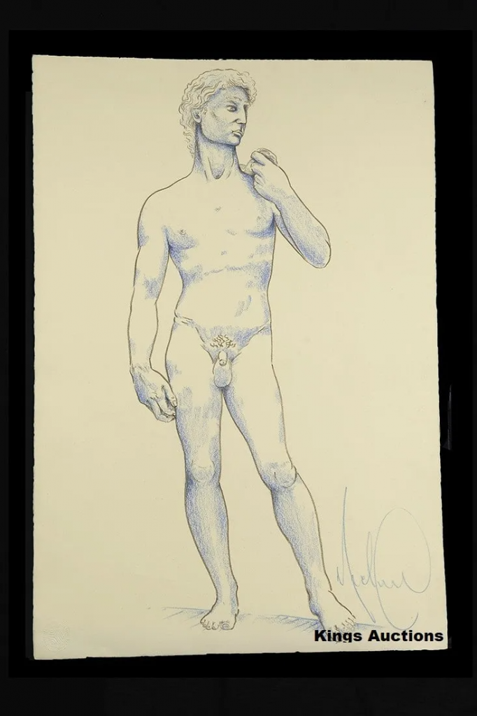 A colored pencil drawing of Michelangelo's statue, David.