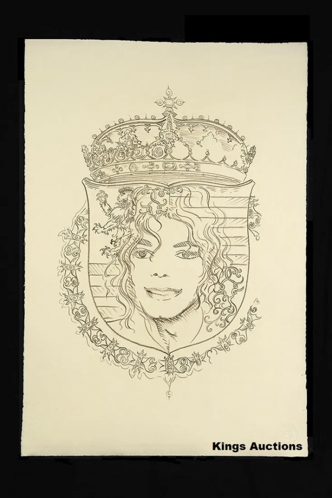 An illustration of pop star Michael Jackson in a royal crest