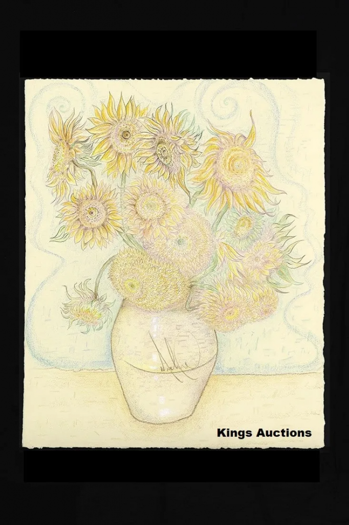A color pencil drawing of Vincent Van Gogh's sunflowers in a vase