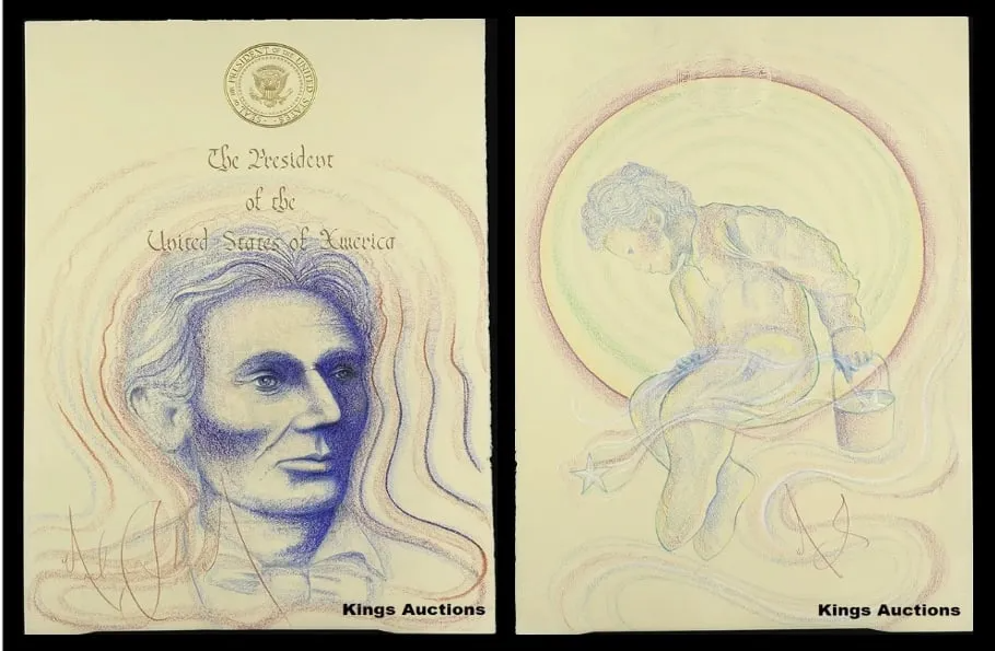 The image shows two separate drawings. The left drawing features a portrait of Abraham Lincoln with the text "The President of the United States of America" above it, surrounded by wavy lines and the presidential seal at the top. The right drawing depicts a child sitting inside a glowing circle, holding a bucket and a wand with a star at the end, also surrounded by wavy lines. Both drawings have a soft, pastel color palette and are signed at the bottom.