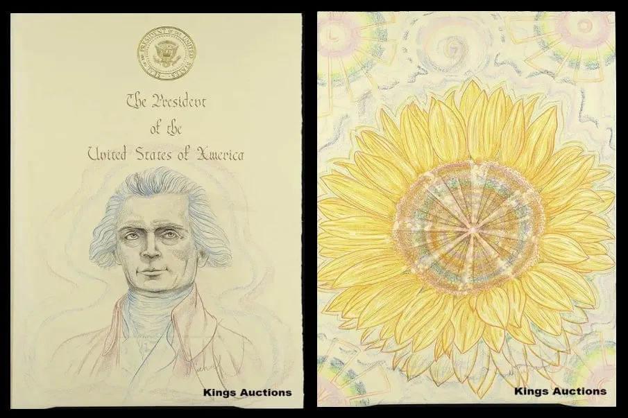 A colored pencil drawing of U.S. president Jefferson on the left and a colorful sunflower on the right