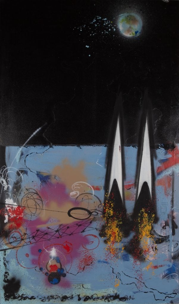 Abstract painting titled "Invasion From Blue City" by Futura, featuring a dark night sky with a moon in the upper section, and two rocket-like shapes ascending from a colorful, chaotic lower section. The lower section has splashes of red, pink, yellow, and blue, with various abstract shapes and patterns.