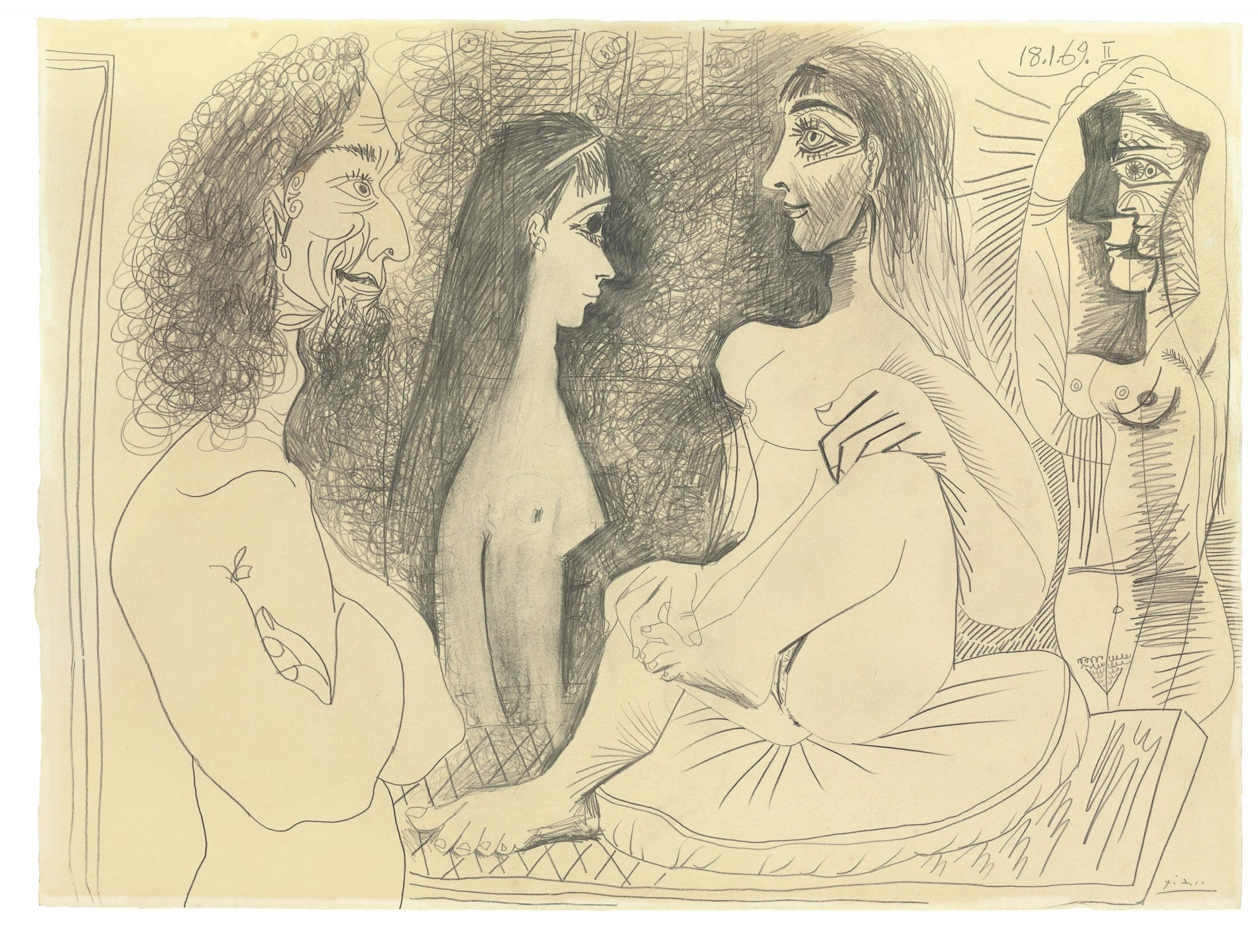 A line drawing by Pablo Picasso titled "Trois femmes nues et buste d'homme" depicts three nude women and the bust of a man. The figures are rendered in Picasso's distinctive style, characterized by exaggerated and abstracted facial features and forms. The composition is filled with intricate cross-hatching and shading, creating depth and texture. The scene is intimate and expressive, showcasing Picasso's skill in capturing human emotion and form through minimalistic yet dynamic lines.