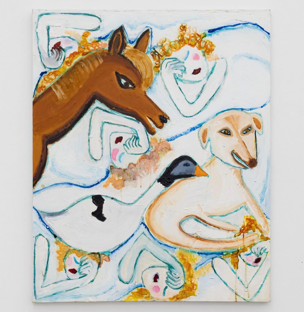 a paintings depicts a horse dogs and other animals 