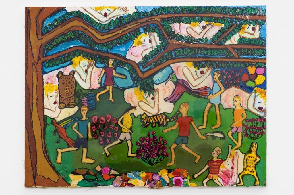 a childlike modern painting depicts an eden like scene of children and animals in a forest 