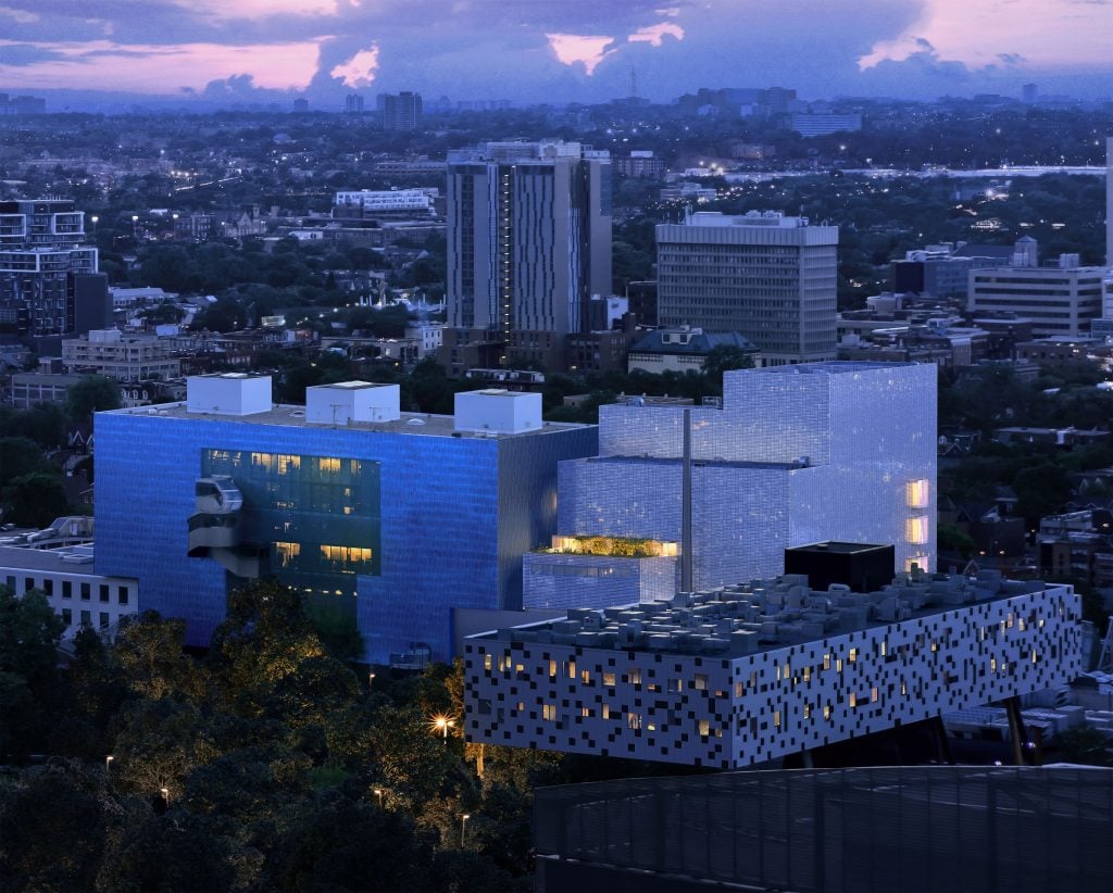 a rendering of an aerial view of a modern museum building at night 