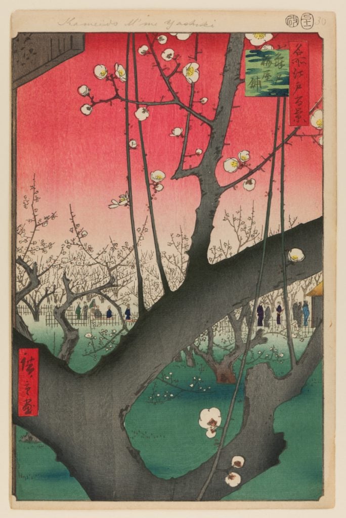 painting of a plum tree from 1857 in a new york art show by Utagawa Hiroshige 