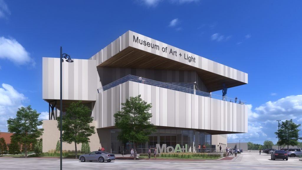 a architectural rendering of the museum of art and light, a grey and white building with a blue sky background.