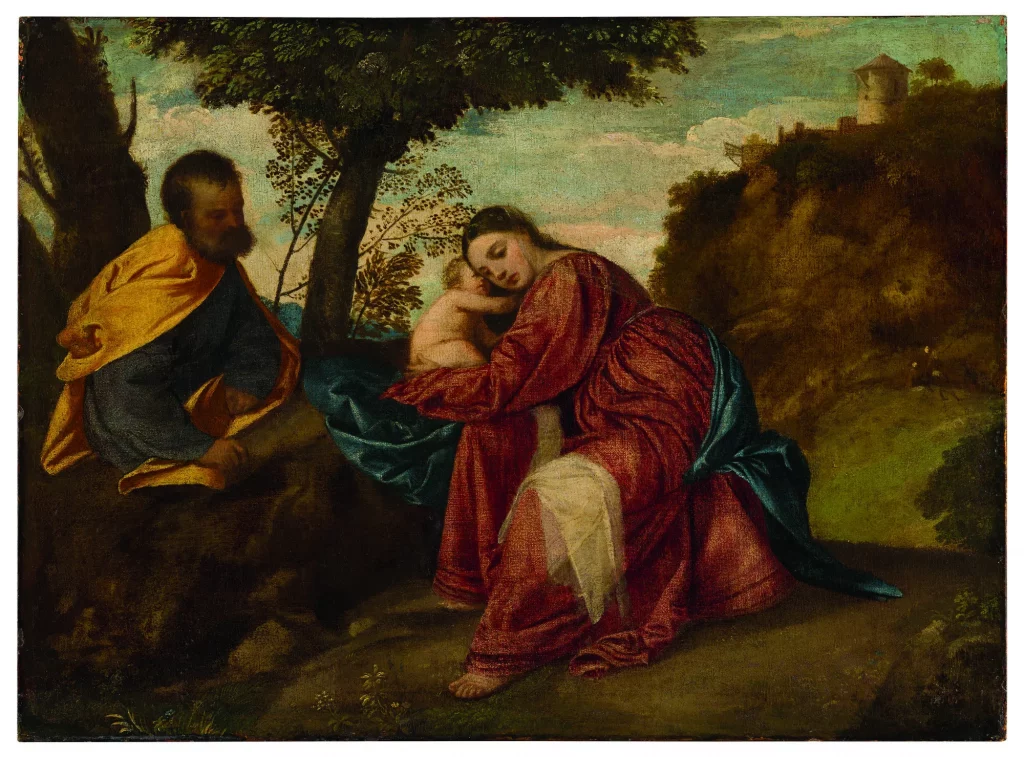 Titian, Rest on the Flight into Egypt (ca. 1510). A religious painting from the Renaissance with the Holy Family traveling in the wilderness, Joseph sitting on the left and the Virgin Mary holding baby Jesus in the center of the painting. A small house is seen in the distance.
