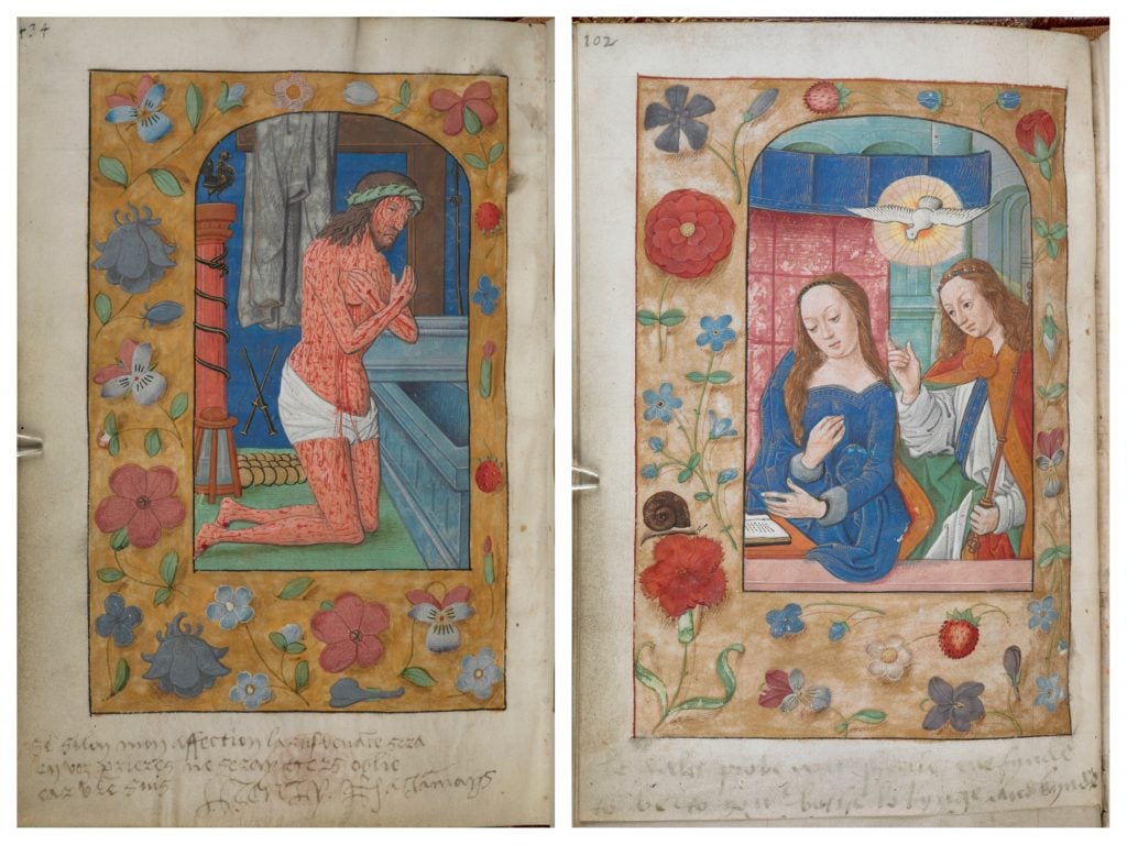 two page side by side show pages from a medieval manuscript, in one a Jesus like figure is shown forlorn and covered in blood and on the right we see Mary being visited by Gabriel, borders are filled with decorative floral motifs, on both pages pen has been used to scrawl a short handwritten message underneath the pages contents