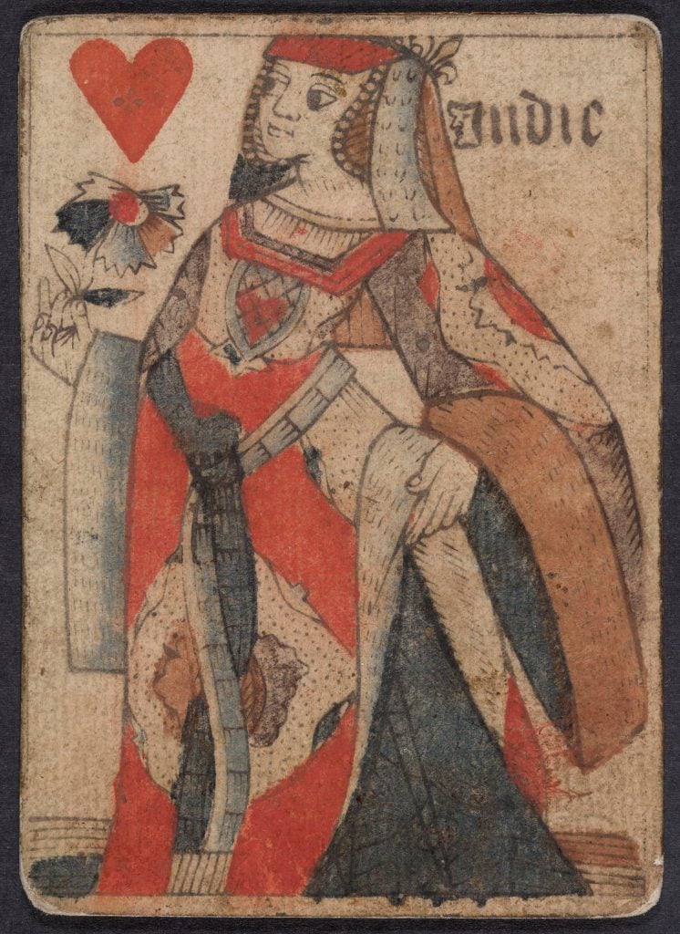 a card on which is a Queen-like figure next to a floating heart and she is in reddish robes, its a playing card