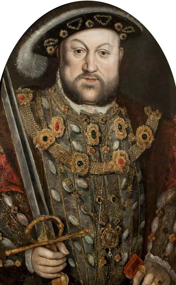 A portrait of Henry VIII, King of England, depicted in ornate regal attire adorned with elaborate jewelry and a feathered hat. He holds a sword in his right hand, symbolizing his power and authority. The painting captures his imposing presence and dignified expression.