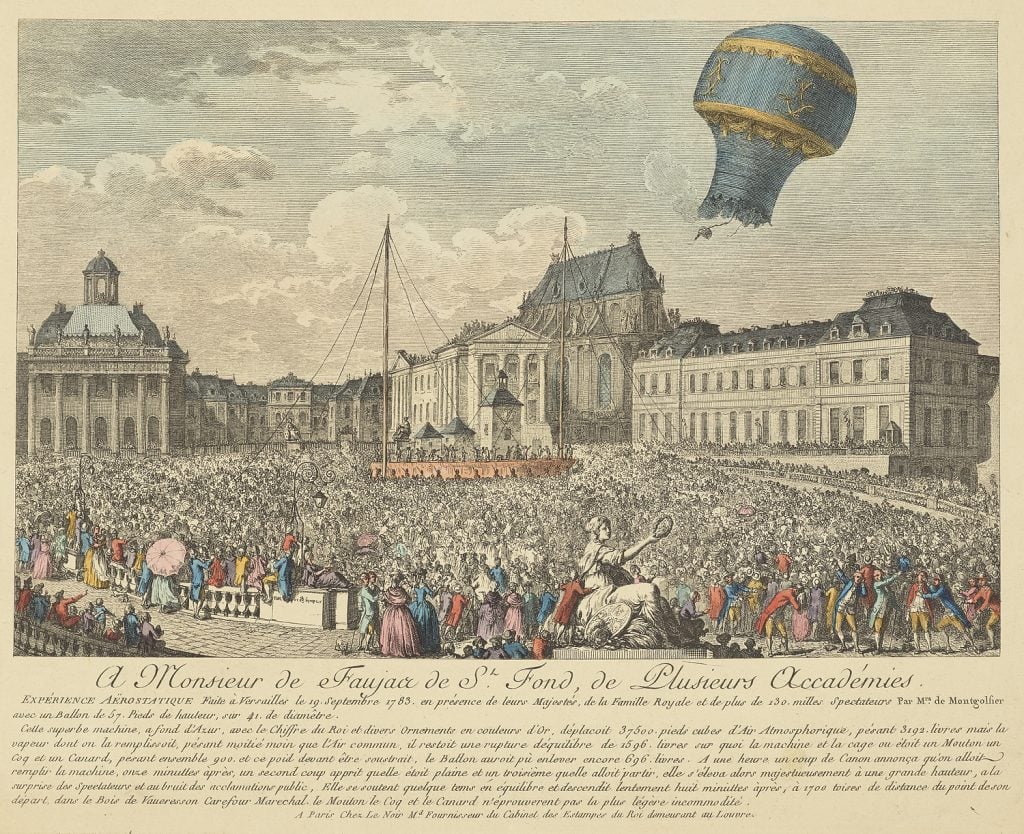 a print showing a hot air balloon flight in 1783 over Versailles