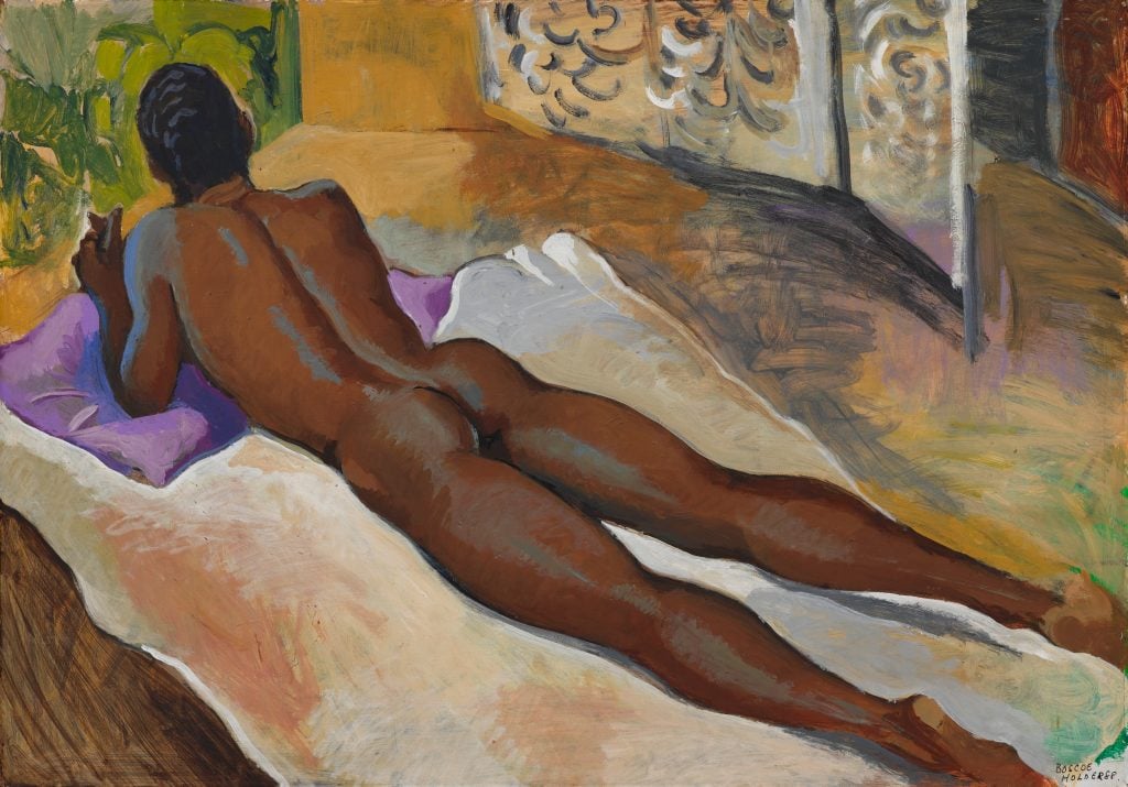 a painting of a naked man lying on his front on a bed 