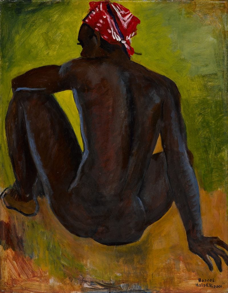 a sensual study of a male nude wearing a red headscarf whose back is turned to us 