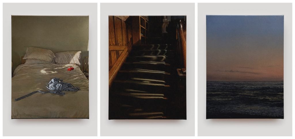 three oil paintings depict an unmade bed. markings on the street and the sea 