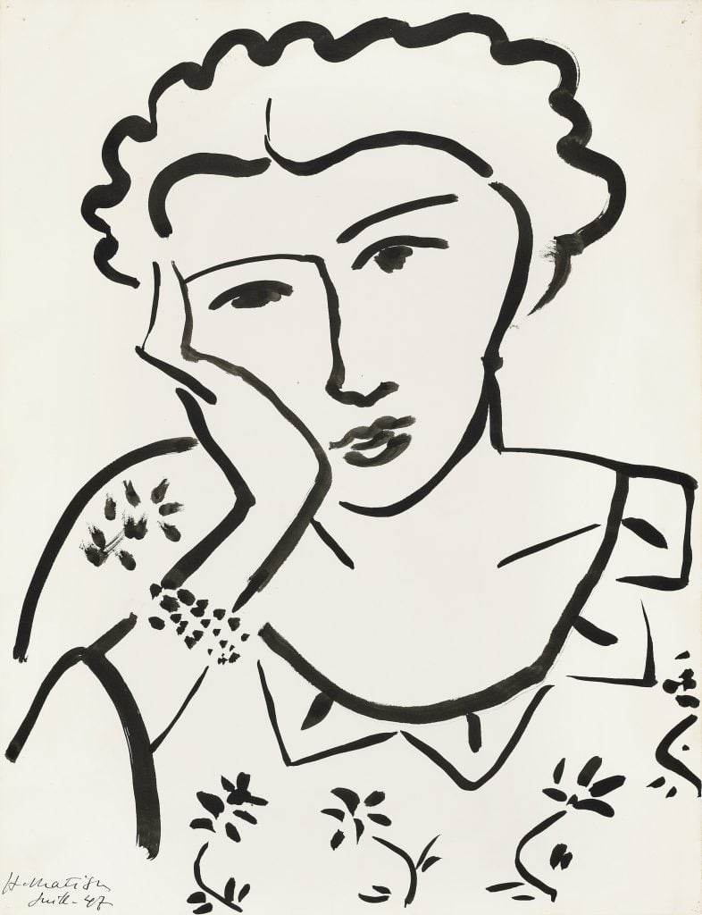 an image of a black and white Matisse work on paper showing a woman resting her head on her hand