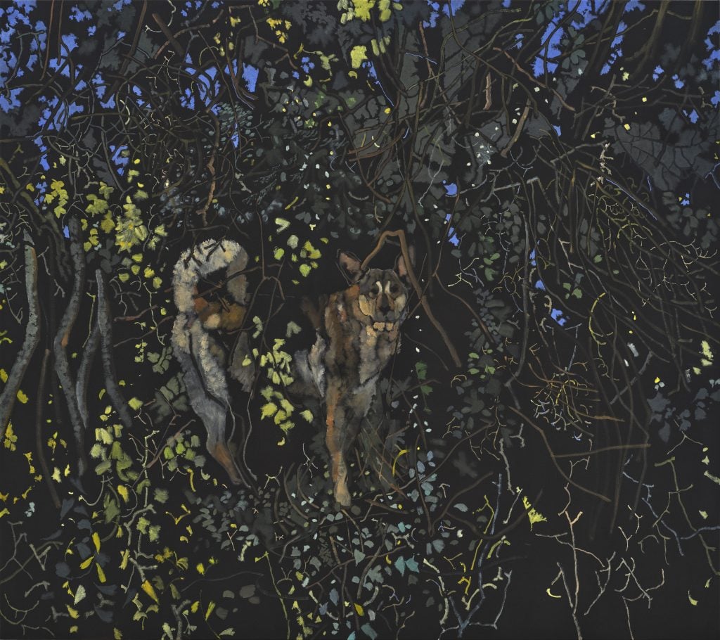 Painting of a dog in a dark forest