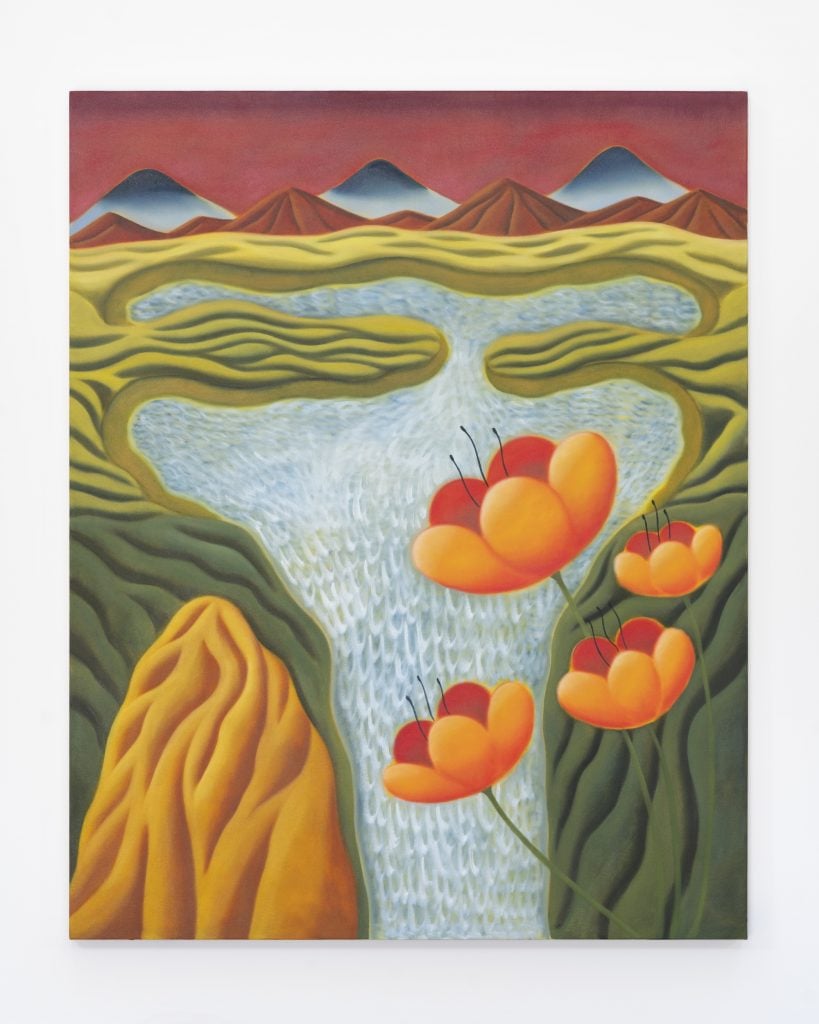 a painting of orange flowers on a surrealist dessert terrain