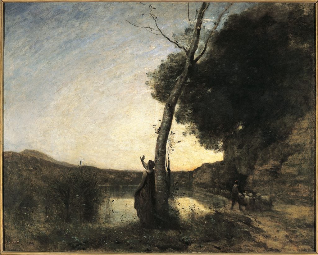 Painting of a rural landscape, with an individual leaning against a tree looking at the sky