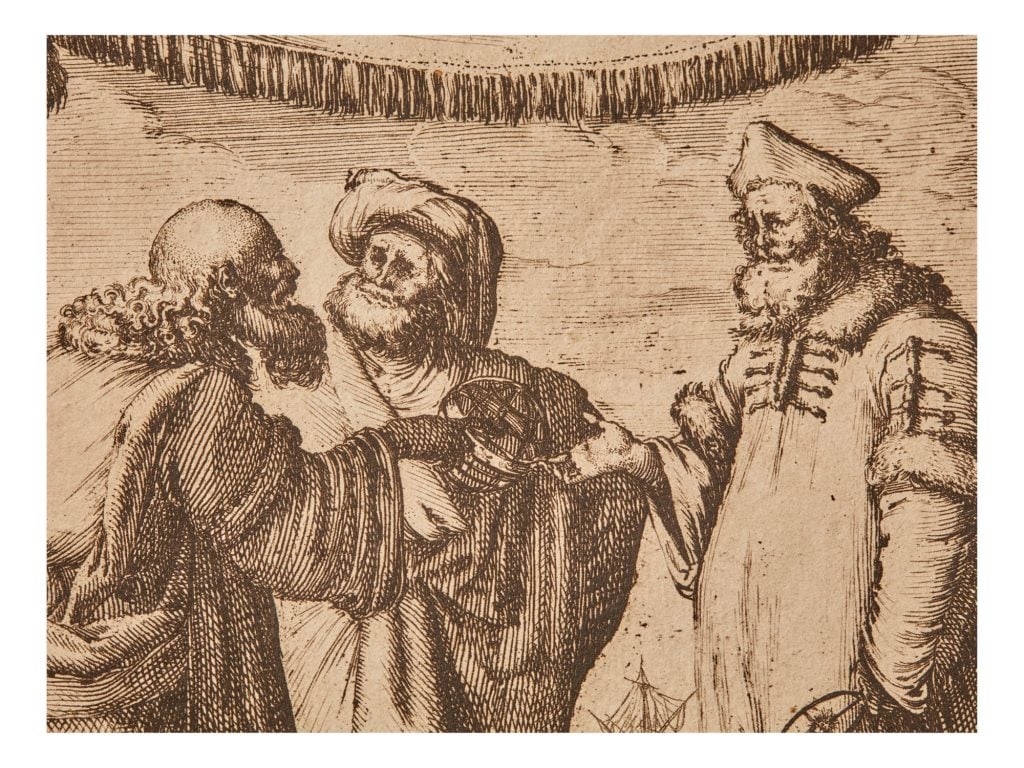 An illustration of Aristotle, Ptolemy, and Copernicus in dialogue