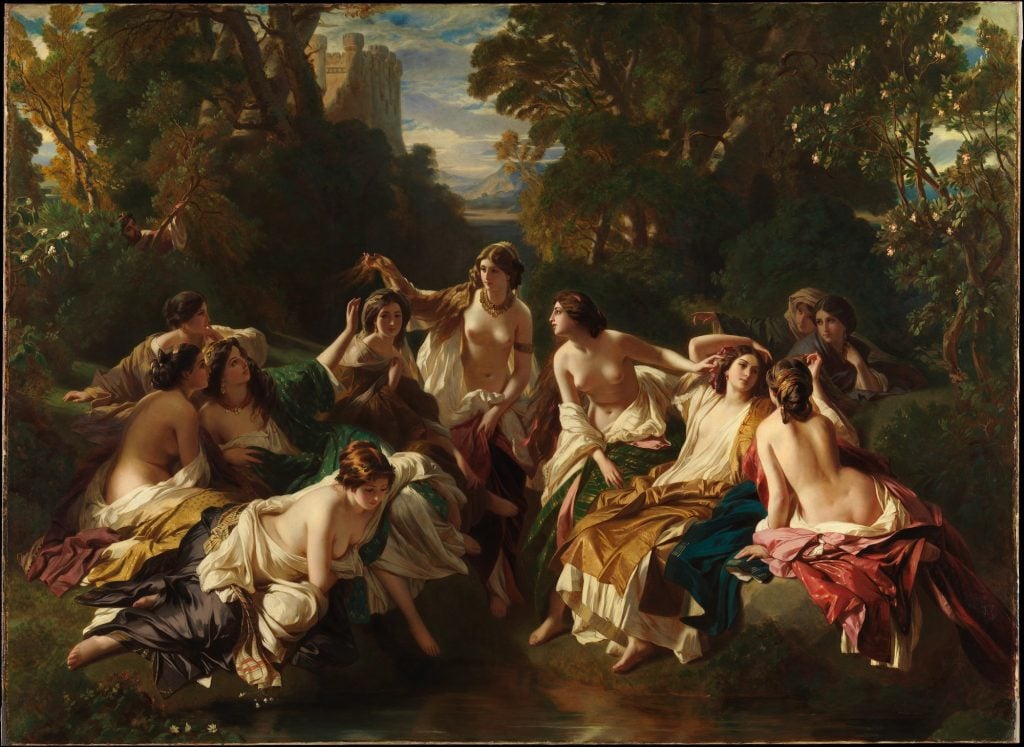 a painting by Franz Xaver Winterhalter showing a group of semi-naked women lounging around a pool with a king hiding in the bushes.