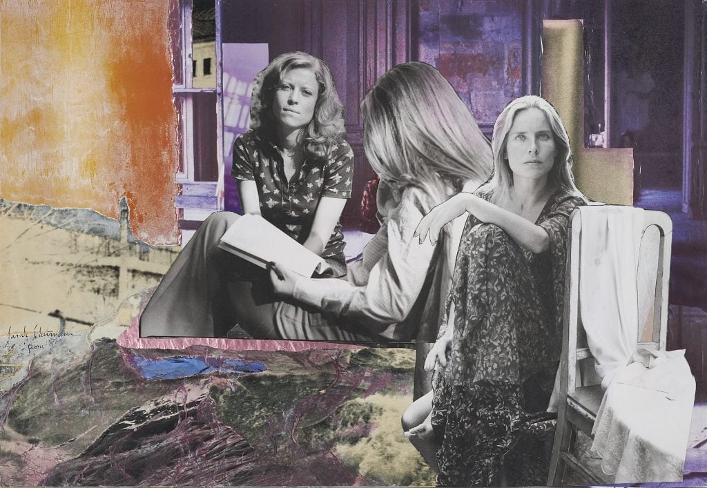 A collage composition with a background of orange and purple watercolors and cutouts of three black and white photos of women by artist Sarah Schumann. Work to be presented by Diane Rosenstein Gallery at Independent art fair.