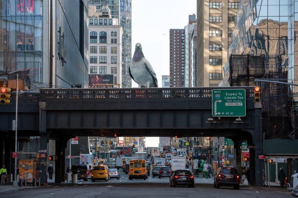 A rendering of Iván Argote's sculpture Dinosaur, a giant pigeon, on the High Line spur, an old elevated railroad track over 10th Avenue in Manhattan.
