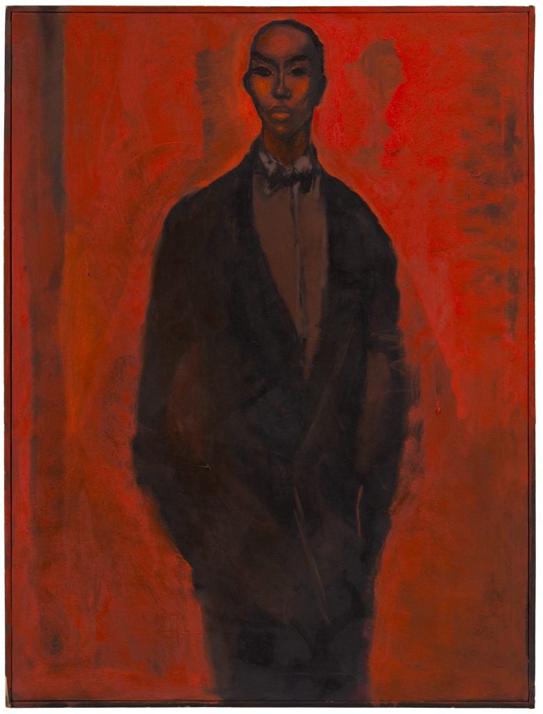 a painting of a man in a suit against red background