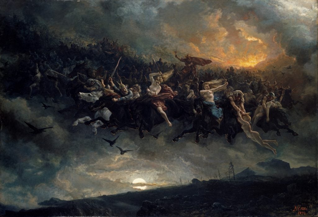 A dark and stormy depiction of vikings riding on horseback to engage in a vicious battle.