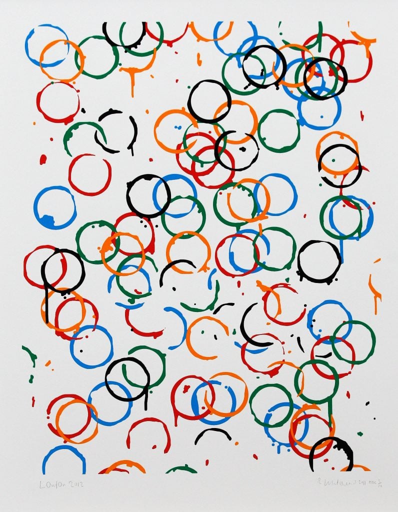 a lot of interlocking rings of black, green, yellow, red, and blue on a white ground