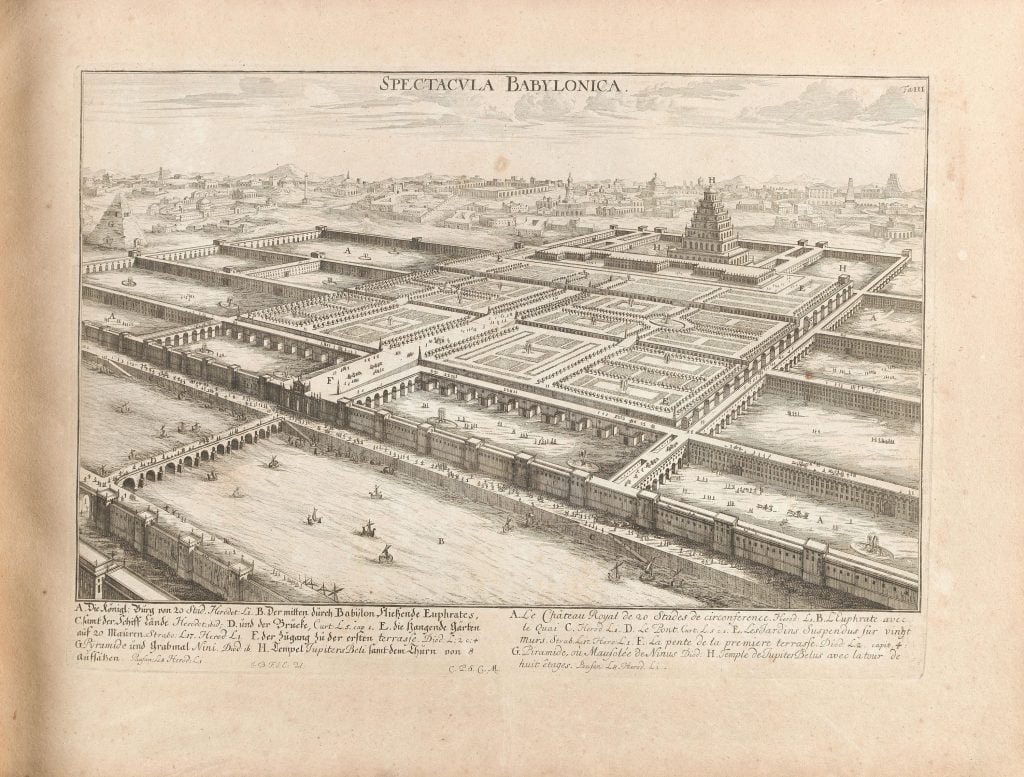 an artist impression of what Babylon might have looked at complete with river, walls, and gardens
