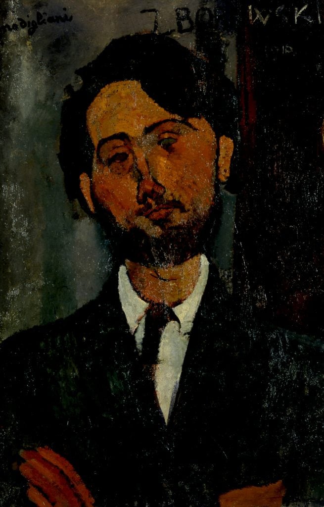 a murky portrait of man in a suit that looks like a classic Modigliani painting