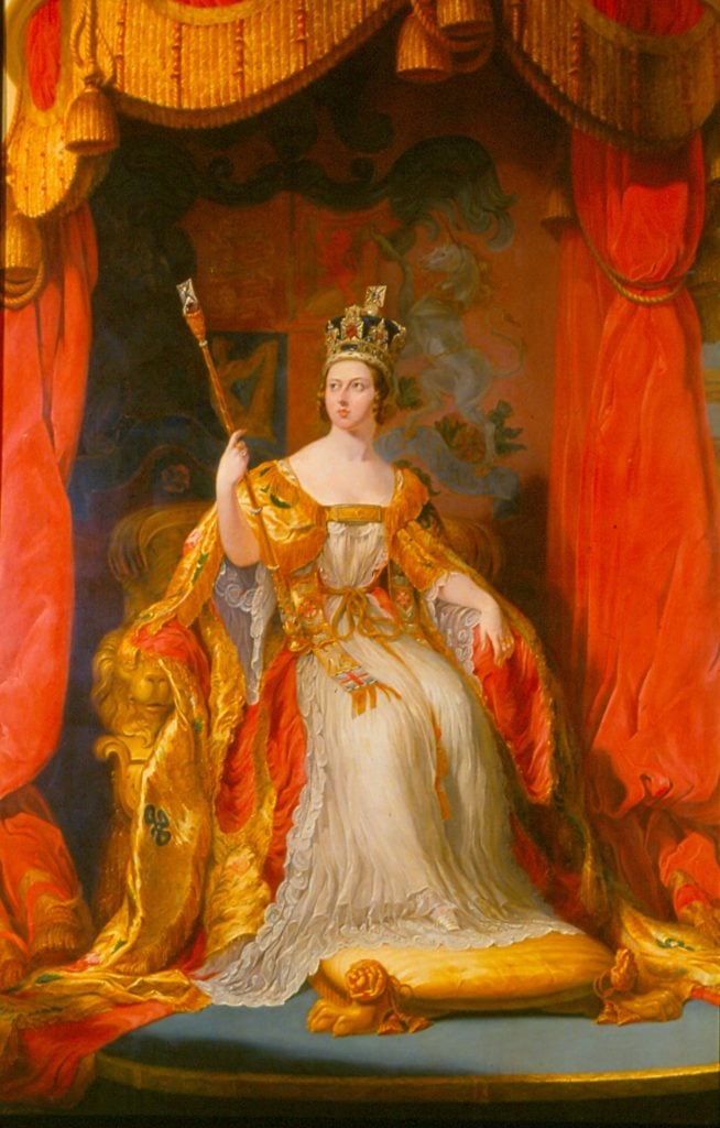 a painting of a white woman dressed in red and gold robes sits on a throne as she is crowned queen