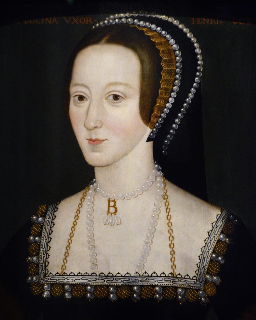 a painted portrait of a pale skinned white woman wearing a black and gold matching dress and headpiece