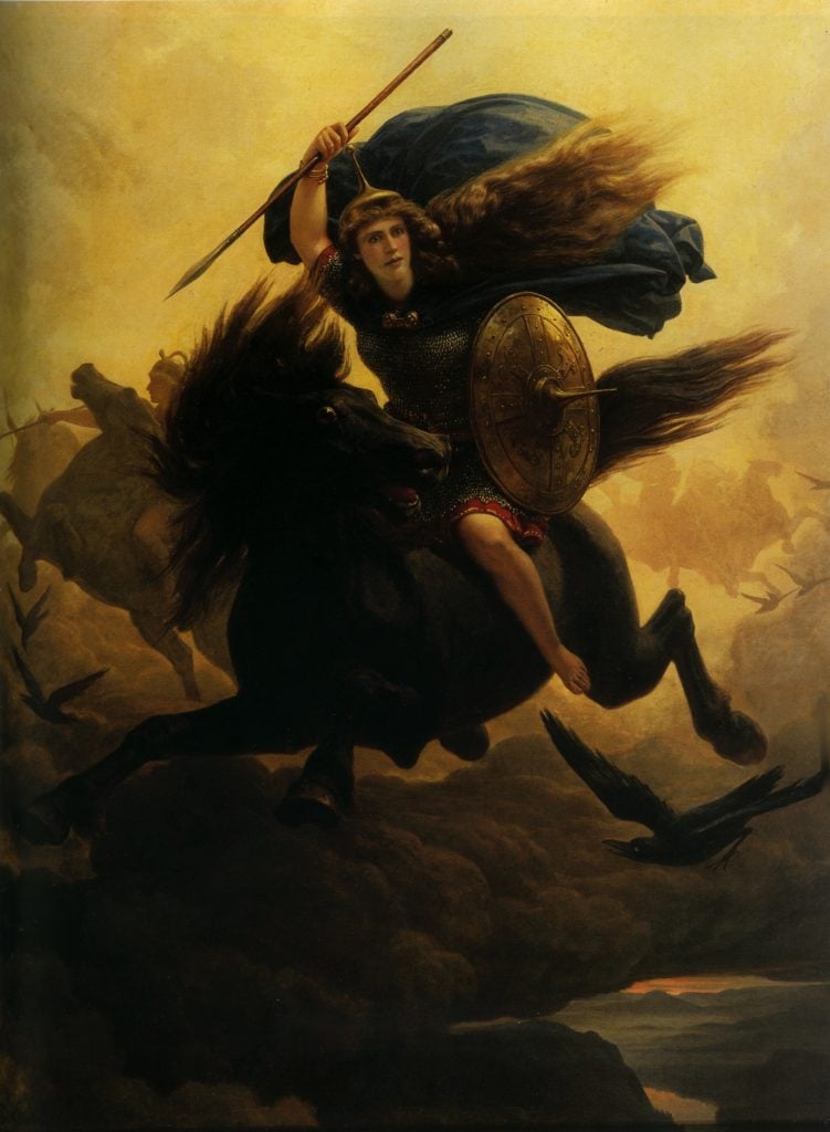 A painting of a viking riding into battle on horseback wielding a sword