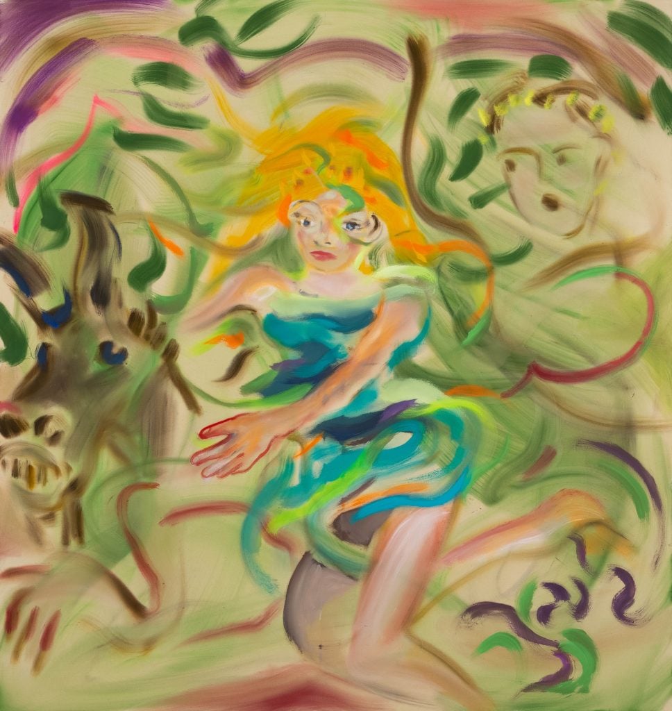 a semi abstracted painting with a blonde female figure vaguely articulated in the middle and other green brushstrokes suggesting shrubbery all around her