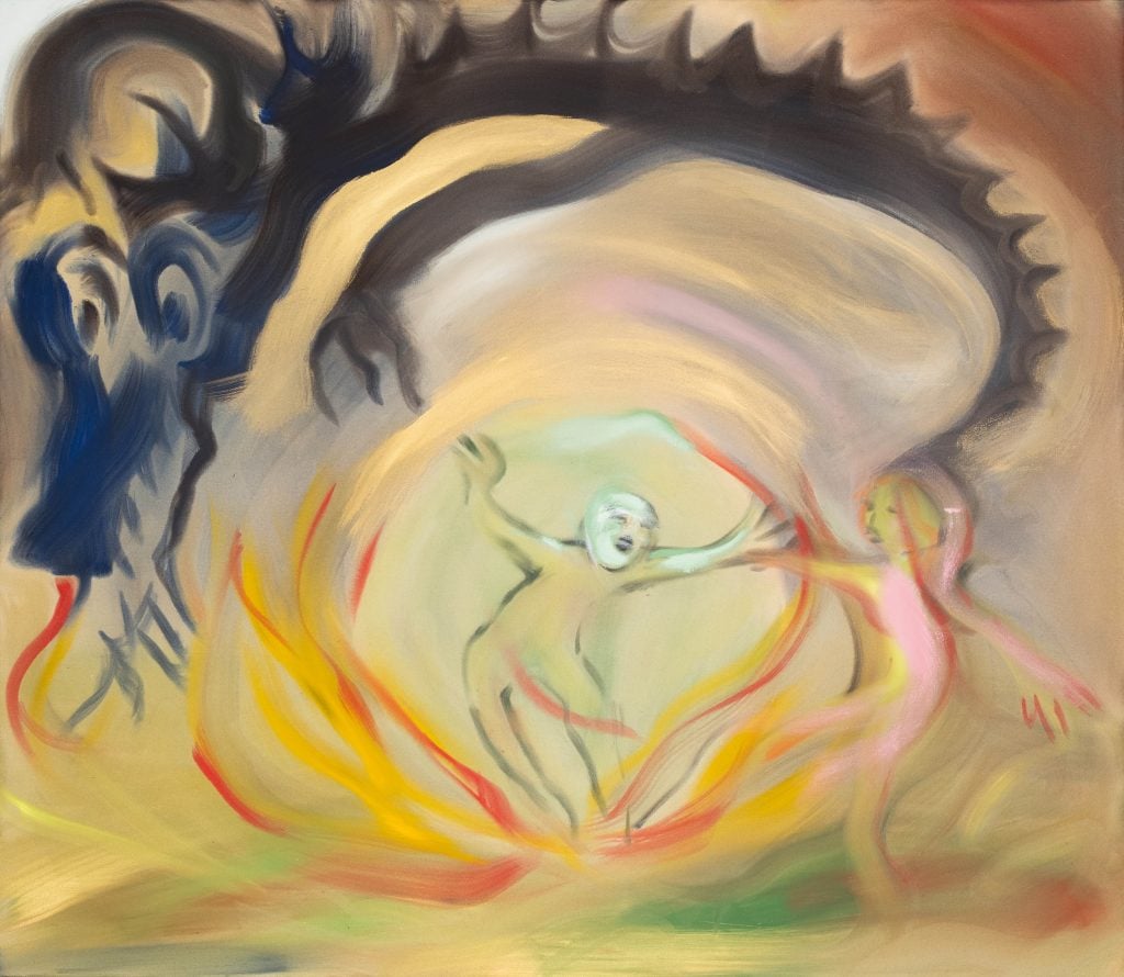 a semi-abstract painting in which a black dragon-like being appears to attack a human-like figure against a swirling background of pastel tones