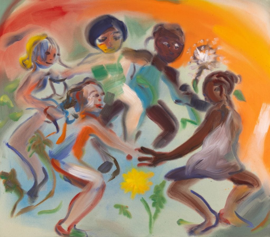 a semi-abstract painting in which female figures appear to dance while holding hands in a circle against orange background