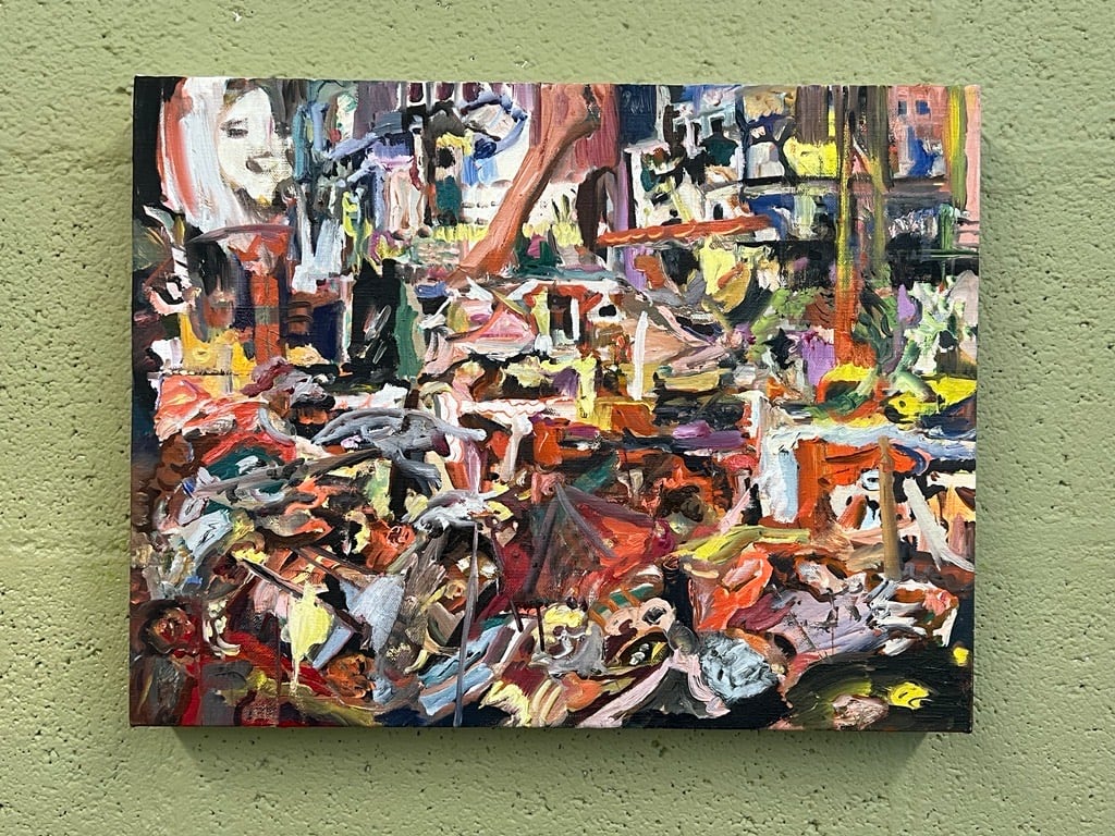 an abstract painting by Cecily Brown on a green wall