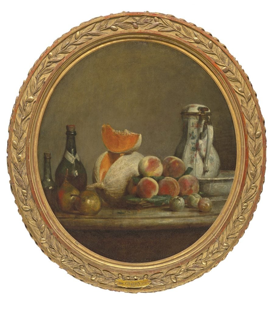 an image of a circular painting showing a bottle of wine and fruits on a table