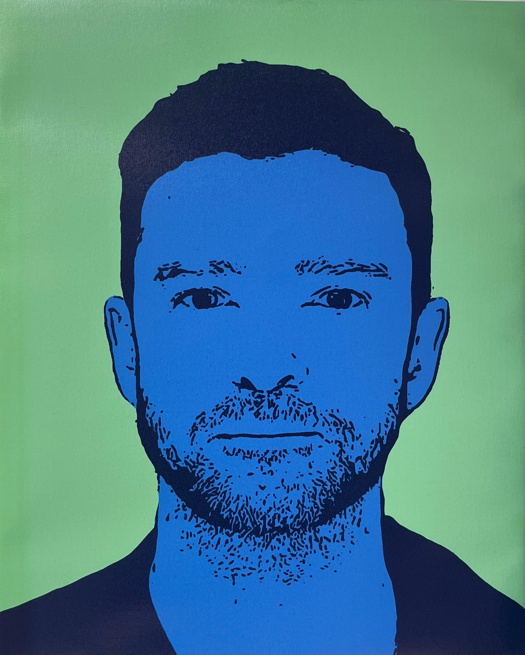 A mugshot of Justin Timberlake rendered in the style of an Andy Warhol silk screen, with a blue face and green background.