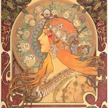 An Art Nouveau painting of a beautiful woman in pastel color palette by Alphonse Mucha