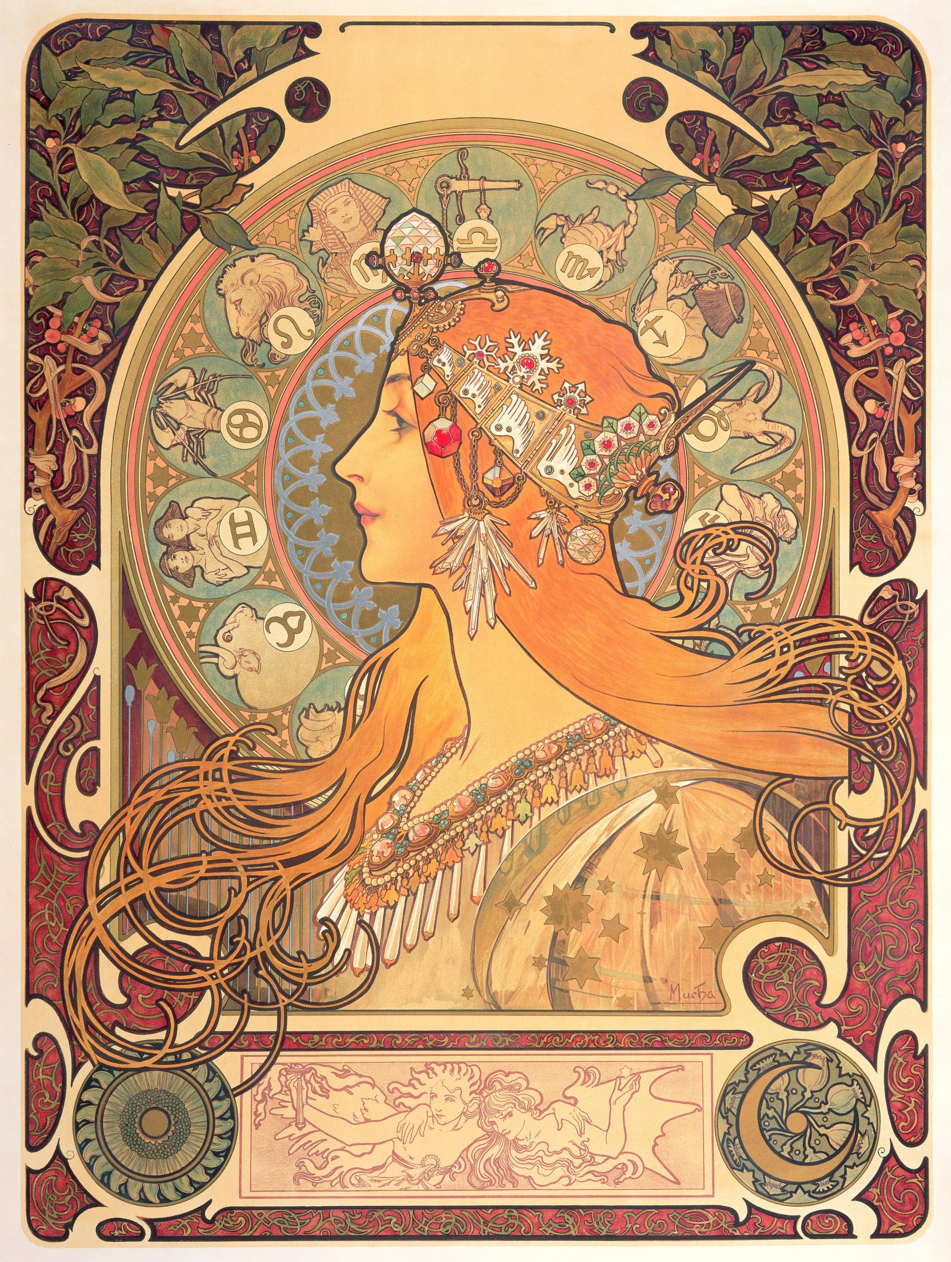 An Art Nouveau painting of a beautiful woman in pastel color palette by Alphonse Mucha